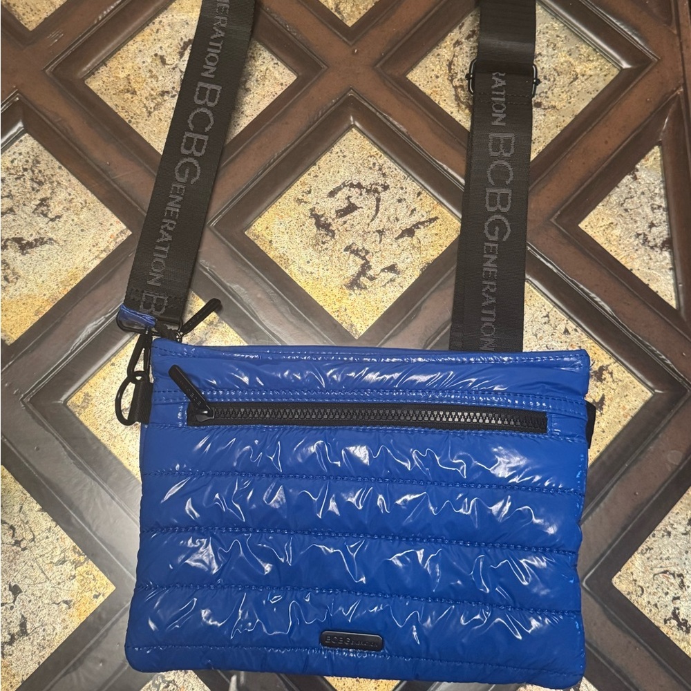 BCBGeneration Shiny Blue Puffer Crossbody Bag